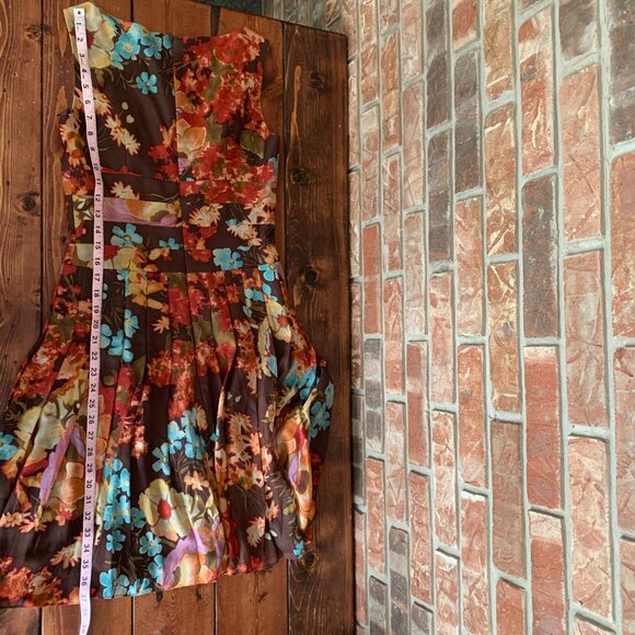 Kay Unger Women's Floral Brown Silk Wool Blend 2 Pleated Midi A-Line Dress GUC - Picture 11 of 16